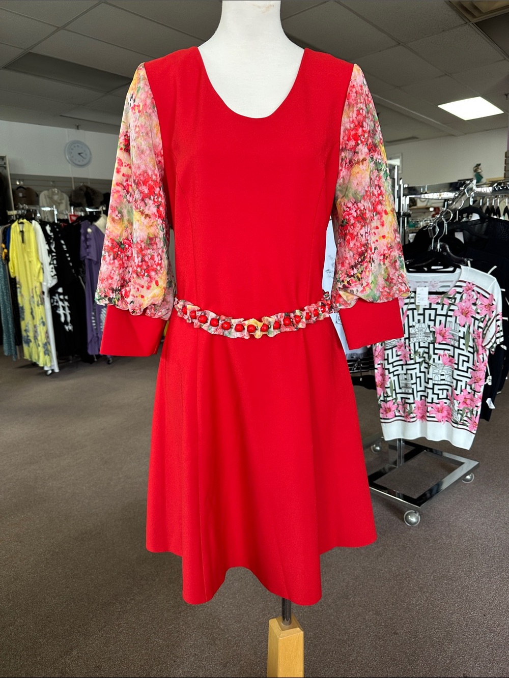 Red Midi Dress with Floral Chiffon Sleeves Size S, M